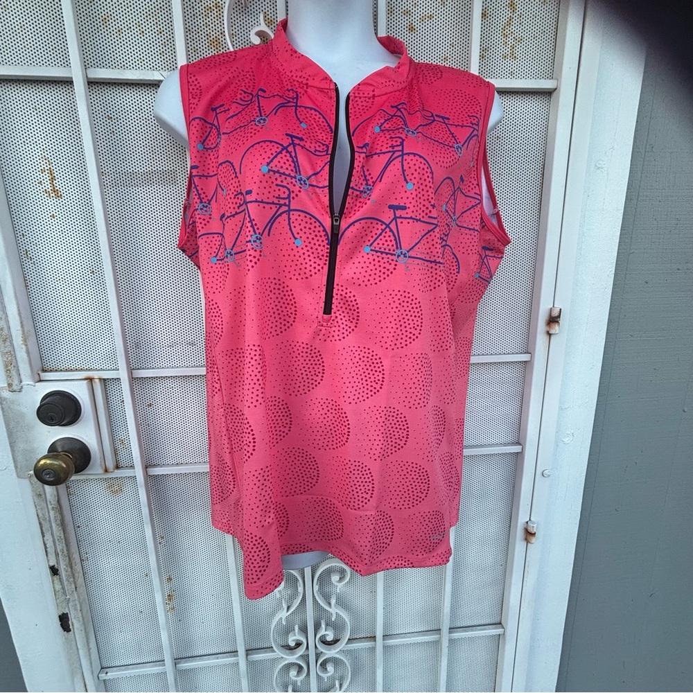 Terry 3X Sleeveless Cycling Top with Bicycle Print 1/2 zip lightweight coral - Picture 2 of 7